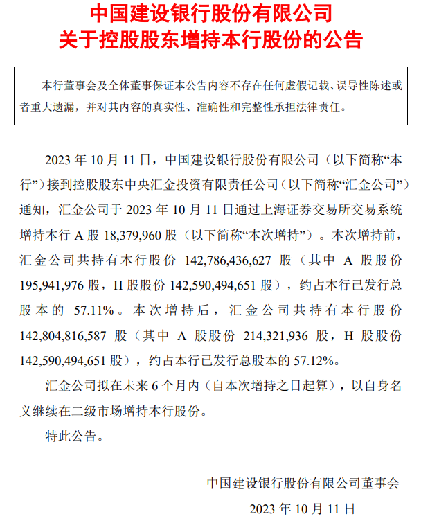 时隔多年 汇金公司再度增持四大行！未来6个月继续增持